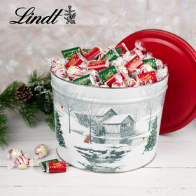Snow Covered Mill Happy Holidays 9.5lb Tin Hershey's Miniatures & Peppermint Lindt Truffles