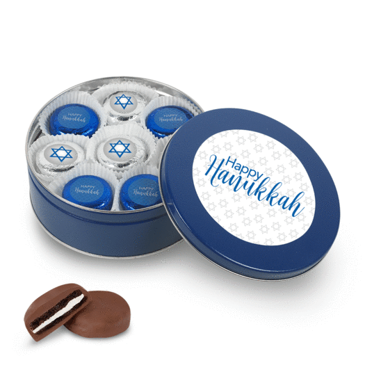 Happy Hanukkah Blue Star of David Tin with 16 Chocolate Covered Oreo Cookies