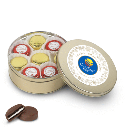 Personalized Add Your Logo' Gold Holiday Tin with 16 Chocolate Covered Oreo Cookies