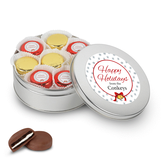 Personalized Happy Holidays Gold Tin with 16 Chocolate Covered Oreo Cookies