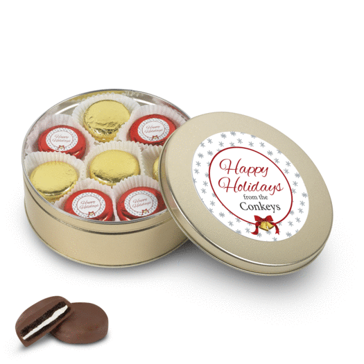 Personalized Happy Holidays Gold Tin with 16 Chocolate Covered Oreo Cookies