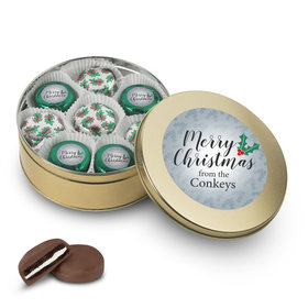 Personalized Merry Christmas Gold Holly Tin with 16 Chocolate Covered Oreo Cookies