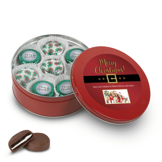 Personalized Merry Christmas Photo Red Holly Tin with Chocolate Covered Oreo Cookies (16ct)
