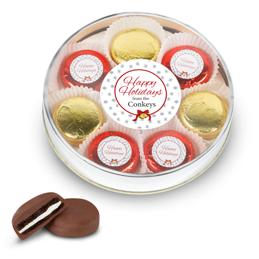 Personalized Happy Holidays Gold Large Plastic Tin with 8 Chocolate Covered Oreo Cookies