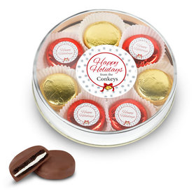 Personalized Happy Holidays Gold Large Plastic Tin with 8 Chocolate Covered Oreo Cookies