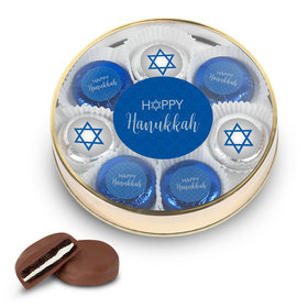 Happy Hanukkah Gold Large Plastic Tin with 8 Chocolate Covered Oreo Cookies