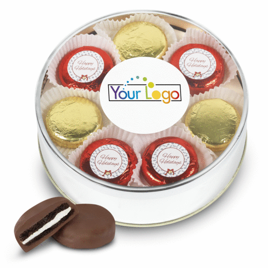 Personalized Add Your Logo' Happy Holidays Gold Extra-Large Plastic Tin with 16 Chocolate Covered Oreo Cookies