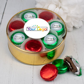 Personalized Add Your Logo' Merry Christmas Gold Extra-Large Plastic Tin with 16 Chocolate Covered Oreo Cookies