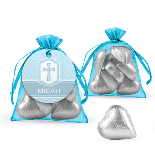 Personalized Baptism Favor Assembled Organza Bag with Milk Chocolate Hearts