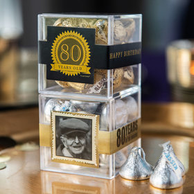 Personalized Milestone 80th Birthday JUST CANDY® favor cube with Hershey's Kisses