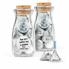Personalized Milestones 50th Birthday Favor Assembled Glass Bottle with Cork Top with Hershey's Kisses