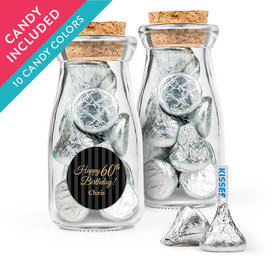 Personalized Milestones 60th Birthday Favor Assembled Glass Bottle with Cork Top with Hershey's Kisses