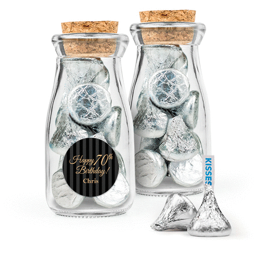 Personalized Milestones 70th Birthday Favor Assembled Glass Bottle with Cork Top with Hershey's Kisses