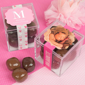 Personalized Girl Birth Announcement JUST CANDY® favor cube with Premium Milk & Dark Chocolate Sea Salt Caramels