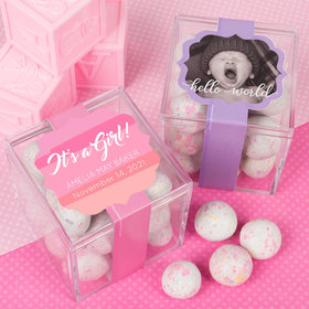 Personalized Girl Birth Announcement JUST CANDY® favor cube with Premium Confetti Cookie Bites