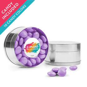 Personalized Business Add Your Logo Favor Assembled Small Round Plastic Tin with Just Candy Milk Chocolate Minis