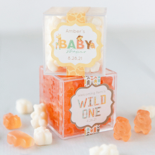Personalized Baby Shower JUST CANDY® favor cube with Gummy Bears