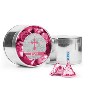 Personalized Girl Confirmation Favor Assembled Medium Round Plastic Tin with Hershey's Kisses