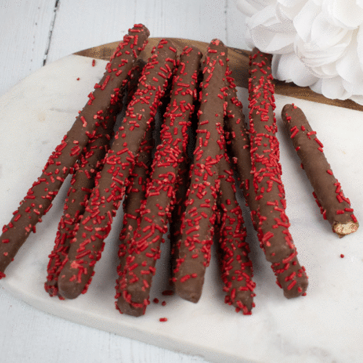 Red Sprinkle Chocolate Pretzel Rods