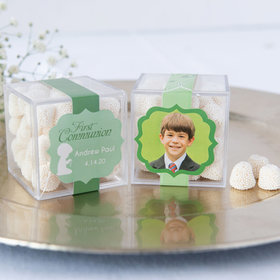 Personalized Boy First Communion JUST CANDY® favor cube with Jelly Belly Gumdrops