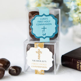 Personalized Boy First Communion JUST CANDY® favor cube with Premium Milk & Dark Chocolate Sea Salt Caramels