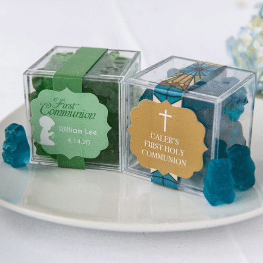Personalized Boy First Communion JUST CANDY® favor cube with Gummy Bears