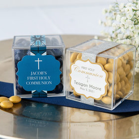 Personalized Boy First Communion JUST CANDY® favor cube with Just Candy Milk Chocolate Minis