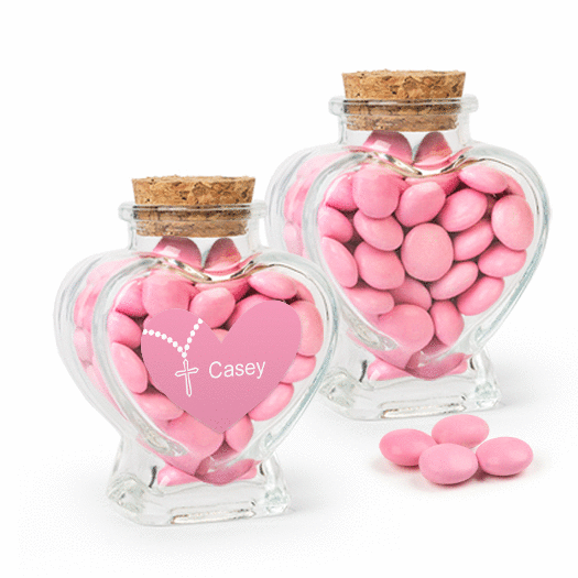 Personalized Girl First Communion Favor Assembled Heart Jar with Just Candy Milk Chocolate Minis