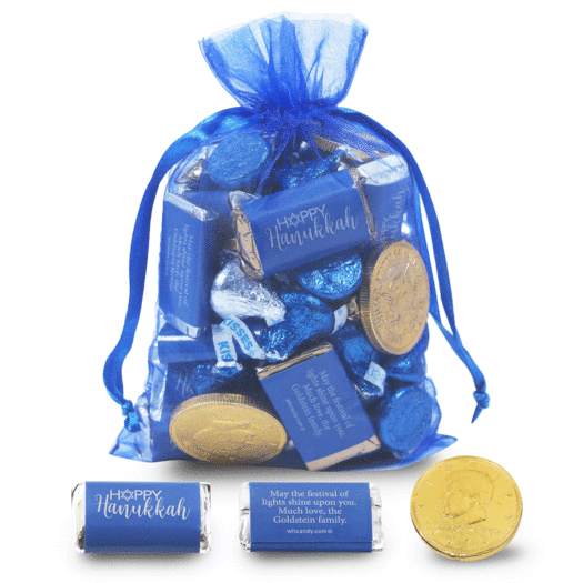 Personalized Cobalt Blue Medium Organza Bag Happy Hanukkah Mix