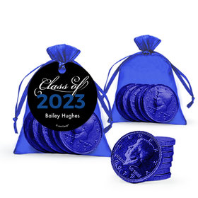 Personalized Blue Graduation Favor Assembled Organza Bag, Gift tag with Milk Chocolate Coins