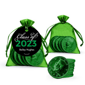 Personalized Green Graduation Favor Assembled Organza Bag, Gift tag with Milk Chocolate Coins