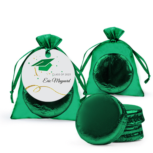 Personalized Green Graduation Favor Assembled Organza Bag Hang tag with Chocolate Covered Oreo Cookie
