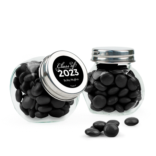 Personalized Black Graduation Favor Assembled Mini Side Jar with Just Candy Milk Chocolate Minis