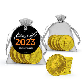 Personalized Orange Graduation Favor Assembled Organza Bag, Gift tag with Milk Chocolate Coins