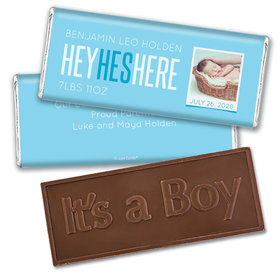 Personalized He's Here! Baby Boy Birth Announcement Hershey's Embossed Chocolate Bar & Wrapper