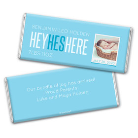 Personalized He's Here! Baby Boy Birth Announcement Hershey's Chocolate Bar Wrappers