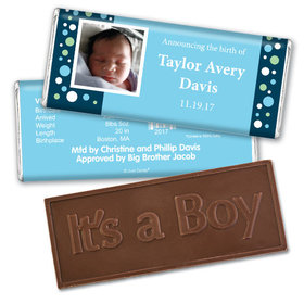 Baby Boy Announcement Personalized Embossed Chocolate Bar Dots & a Photo