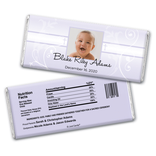 Baptism Personalized Chocolate Bar Wrappers Photo, Cross & Scroll