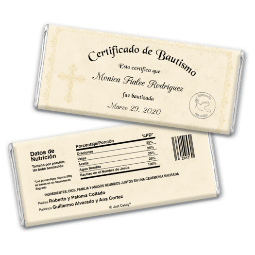 Baptism Personalized Chocolate Bar Wrappers Certificado de Bautismo