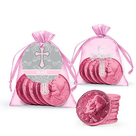 Personalized Baptism Framed Cross Milk Chocolate Coins in Organza Bags with Gift Tag