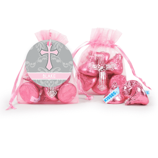 Personalized Baptism Framed Cross Hershey's Kisses in Organza Bags with Gift Tag