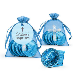 Personalized Baptism Blue Cross Milk Chocolate Coins in Organza Bags with Gift Tag