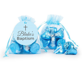 Personalized Baptism Blue Cross Hershey's Kisses in Organza Bags with Gift Tag