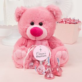 Personalized Girl Baptism Small Prayers Pink Teddy Bear and Organza Bag with Hershey's Kisses