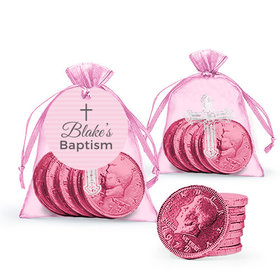 Personalized Baptism Pink Cross Milk Chocolate Coins in Organza Bags with Gift Tag