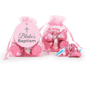 Personalized Baptism Pink Cross Hershey's Kisses in Organza Bags with Gift Tag