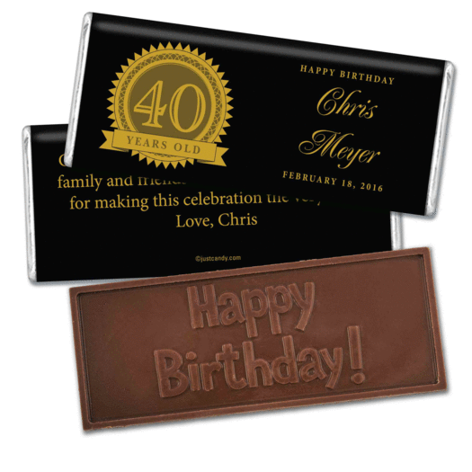 Milestones Personalized Embossed Chocolate Bar Candy 40th Birthday Favors