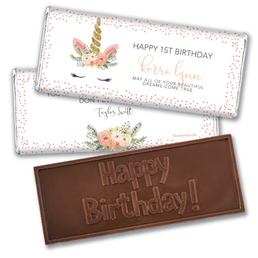 Personalized Birthday Whimsical Unicorn Embossed Chocolate Bar & Wrapper