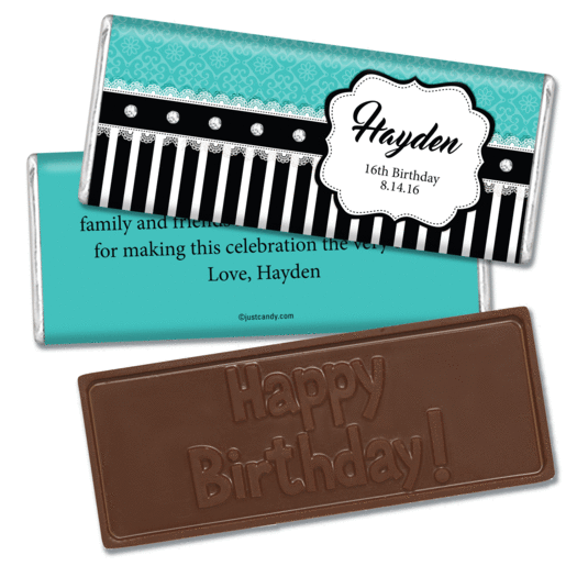 Birthday Personalized Embossed Chocolate Bar Glamour Stripes & Lace