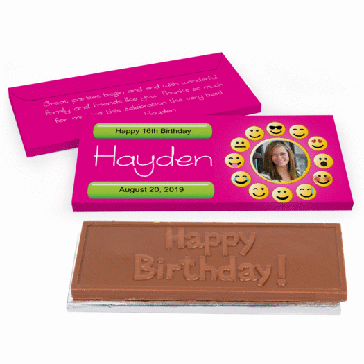 Deluxe Personalized Youth Birthday Emoji Photo Chocolate Bar in Gift Box